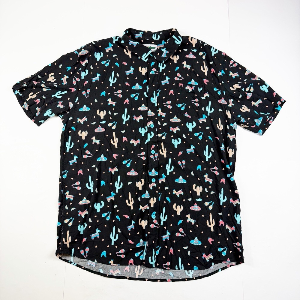 Tipsy Elves Men's Black Short Sleeve Button Down Shirt Cactus‎ Mexican Theme 3XL